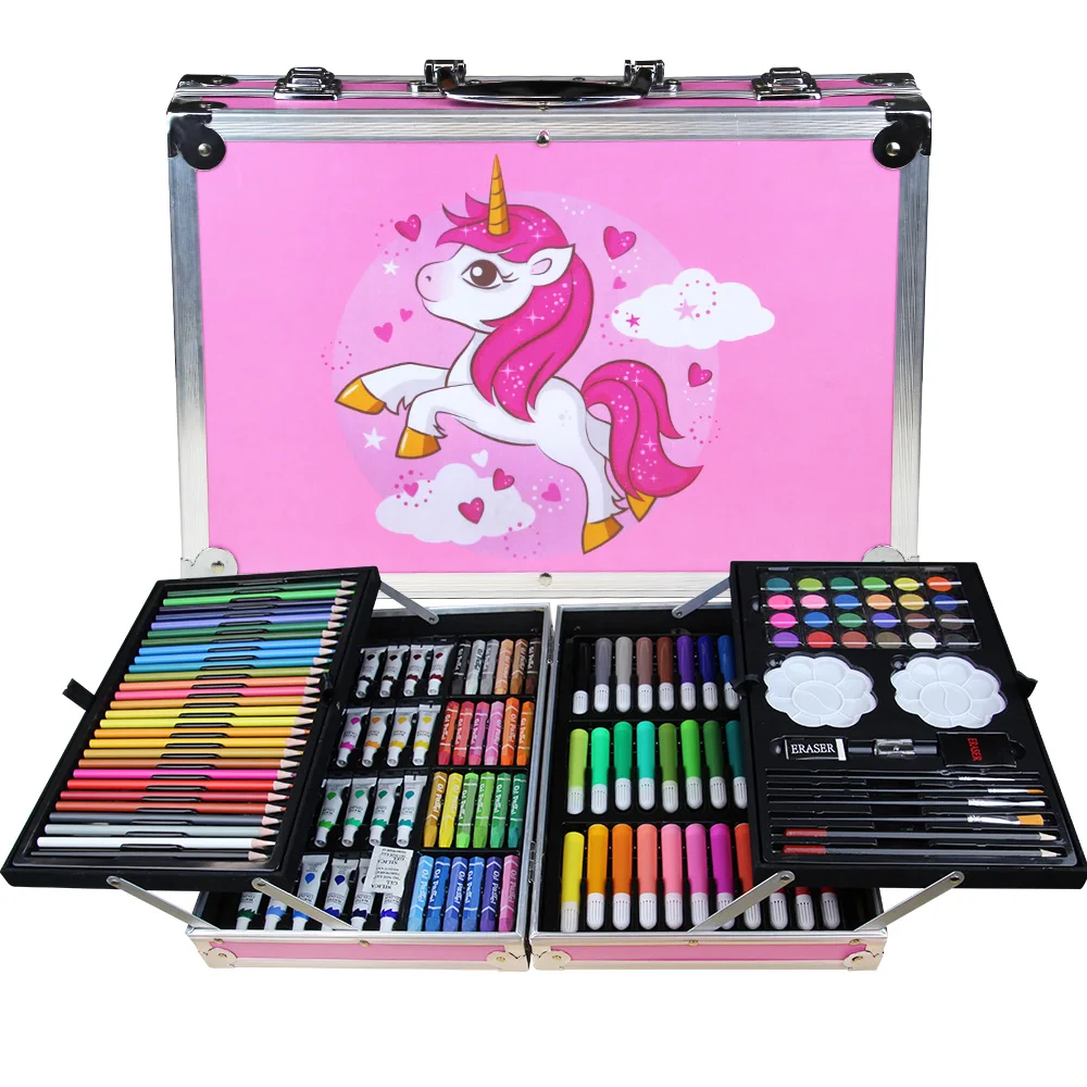 set 145 piese pentru pictura, pentru copii sau adulti, pixuri de colorat, creioane colorate si vopsele de pictura, cu geanta de transport roz unicorn, model avx-wt-monete145 1 Set 145 piese pentru pictura, pentru copii sau adulti, pixuri de colorat, creioane colorate si vopsele de pictura, cu geanta de transport ROZ UNICORN, model AVX-WT-MONETE145