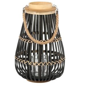 Lampion decorativ din lemn cu insertie din sticla, 25×40 cm, negru