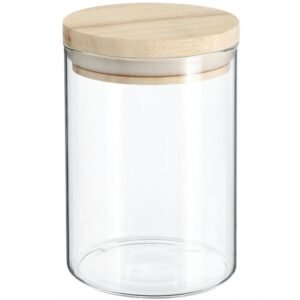 Borcan etans 5Five din sticla borosilicata cu capac lemn natural, 0.6 l, transparent