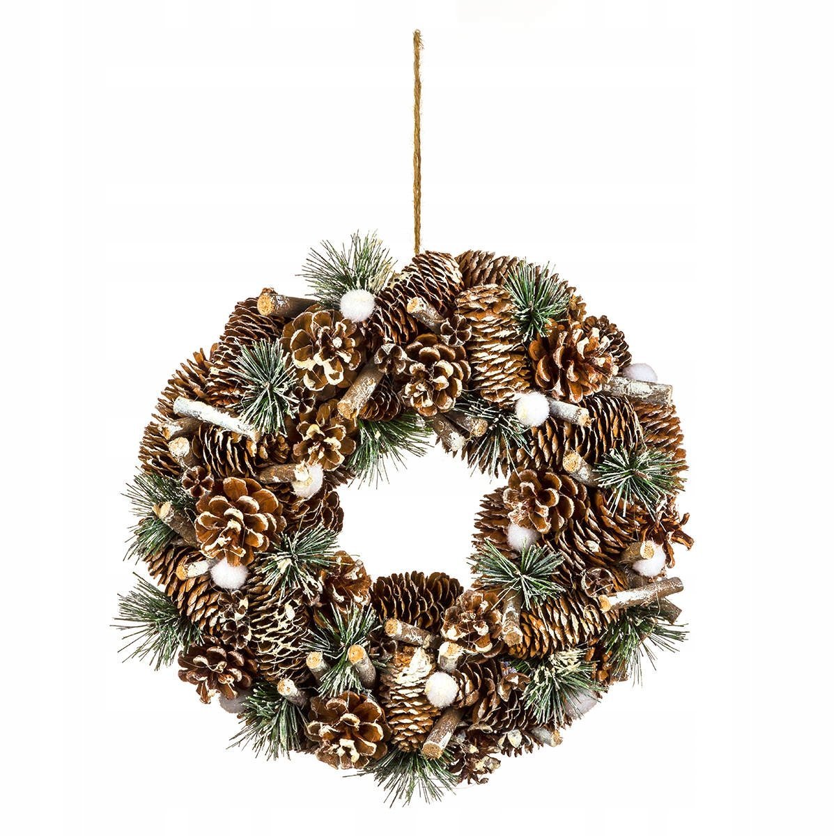Coronita decorativa cu conuri si ramuri cu sclipici, diametru 34 cm, bej