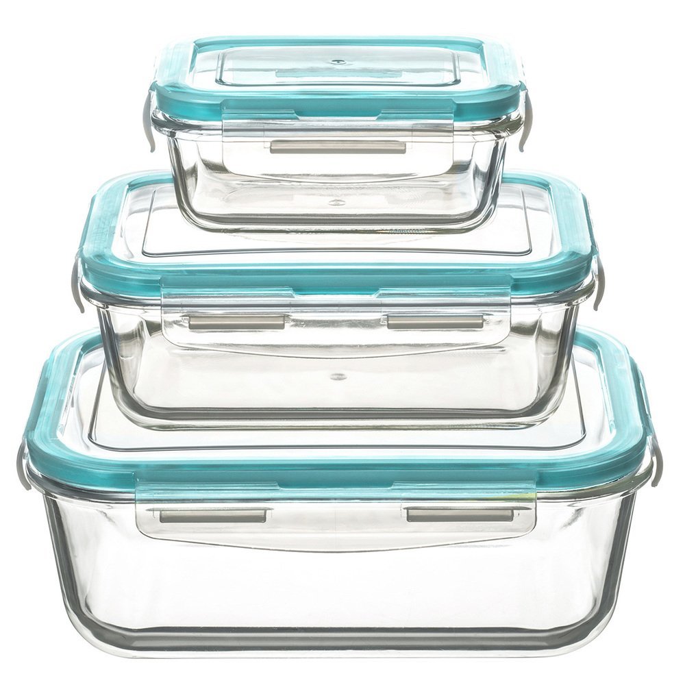 Set 3 recipiente 5Five Clipeat din sticla borosilicata, cu capace etanse, 330ml / 800ml / 1730ml, transparent