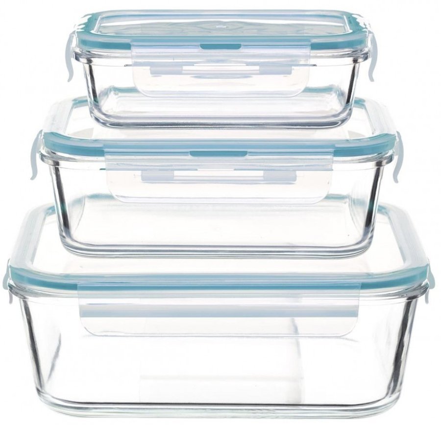Set 3 caserole din sticla patrate 5Five Clipeat, capac albastru, 2.2L + 800ml + 330ml