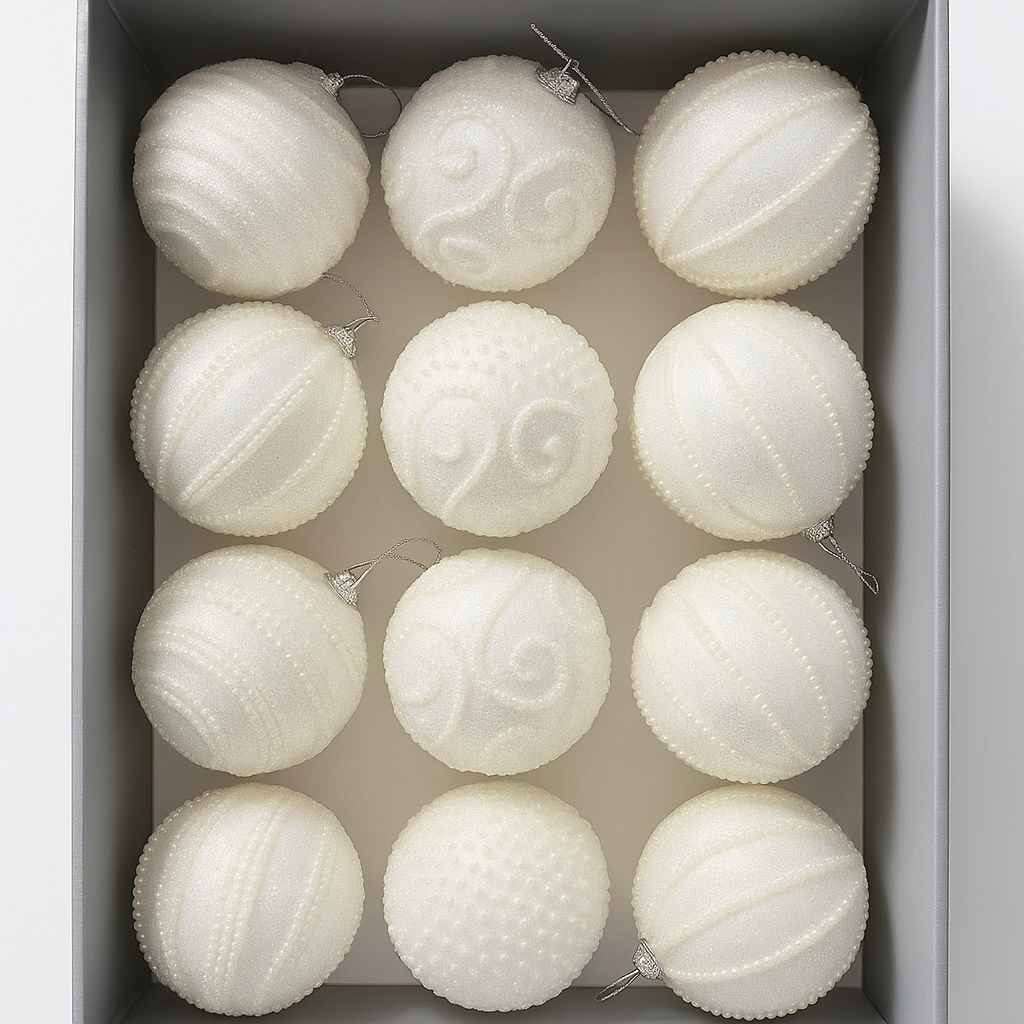 Set 12 globuri decorative cu sclipici si paiete, 3 modele asortate, diametru 8 cm, alb