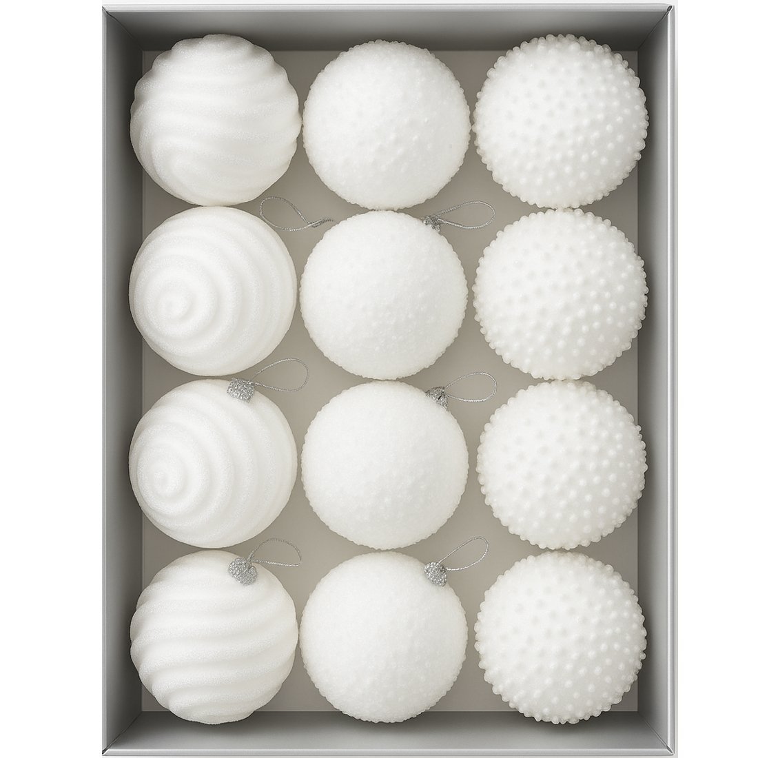 Set 12 globuri Craciun cu sclipici, 3 modele diferite, polistiren, diametru 8 cm, alb