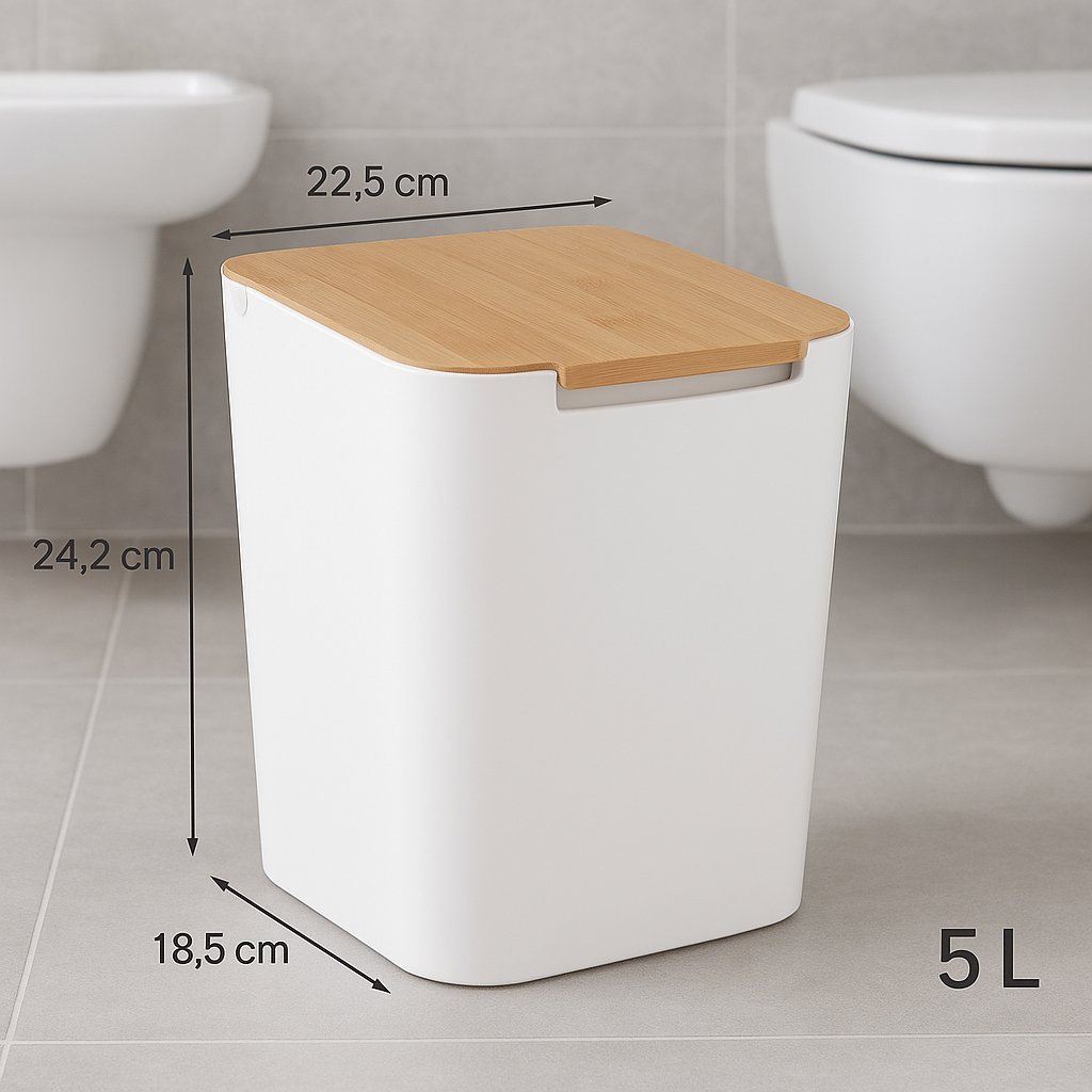 cos gunoi 5five natureo cu capac, polipropilena si bambus, 5 litri, 22x19x24 cm, alb 3 Cos gunoi 5Five Natureo cu capac, polipropilena si bambus, 5 litri, 22x19x24 cm, alb - imagine 3
