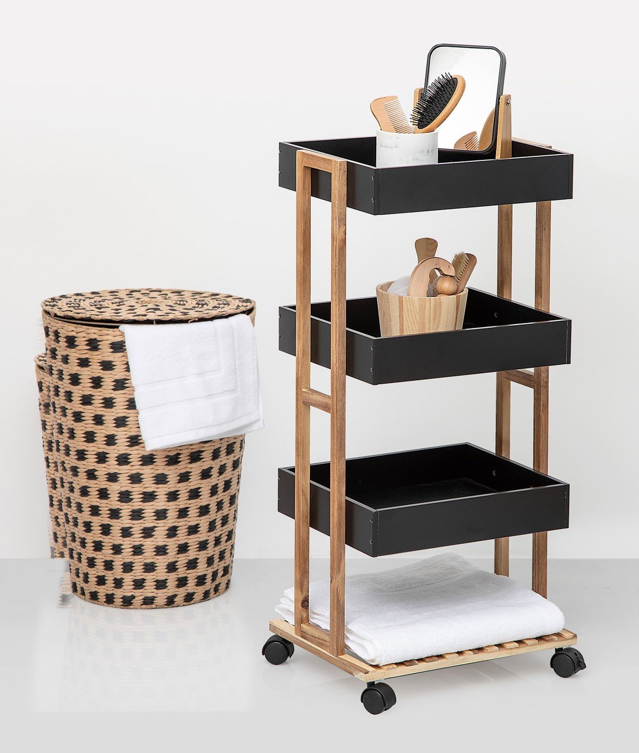 Etajera cu 4 rafturi 5Five Natureo pe roti, MDF si bambus, 40x30x88 cm, negru 2 Etajera cu 4 rafturi 5Five Natureo pe roti, MDF si bambus, 40x30x88 cm, negru - imagine 2