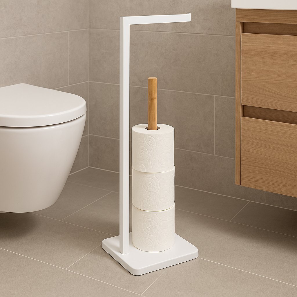 Suport hartie igienica 5Five Natureo, metal si bambus, 20x20x65 cm, alb 2 Suport hartie igienica 5Five Natureo, metal si bambus, 20x20x65 cm, alb - imagine 2