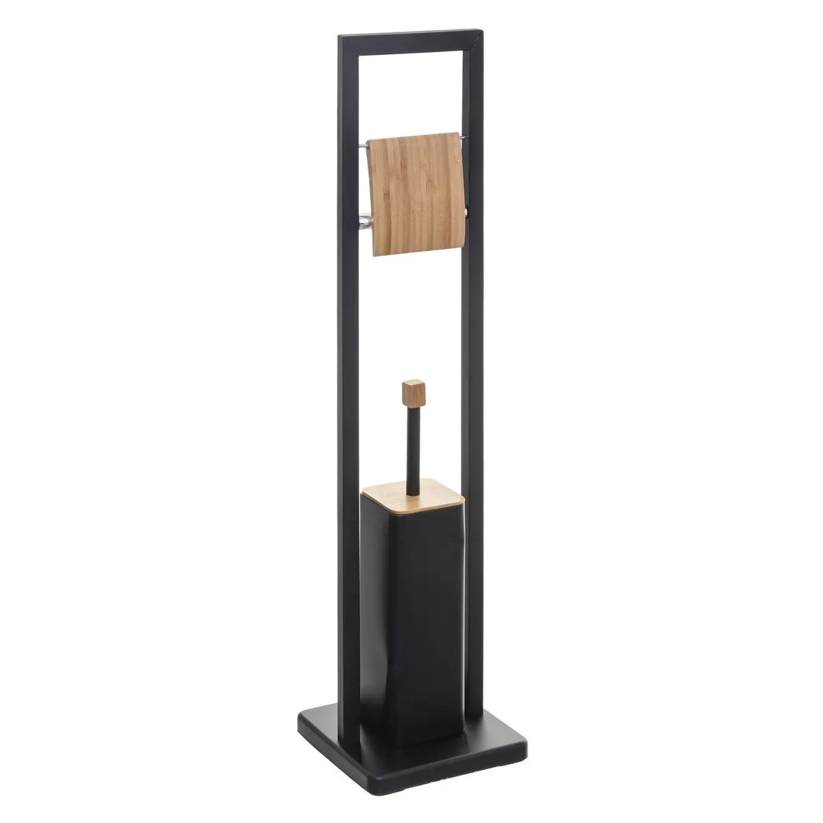 Suport WC cu perie 5Five Natureo, cu suport hartie igienica, metal si bambus, 20x20x80 cm, negru