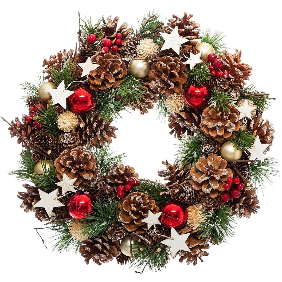 Coronita decorativa cu frunze si conuri, diametru 35 cm, multicolora