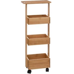 Etajera 5Five pentru spatii inguste, pe roti, 3 niveluri, bambus, 33x18x89 cm, natur