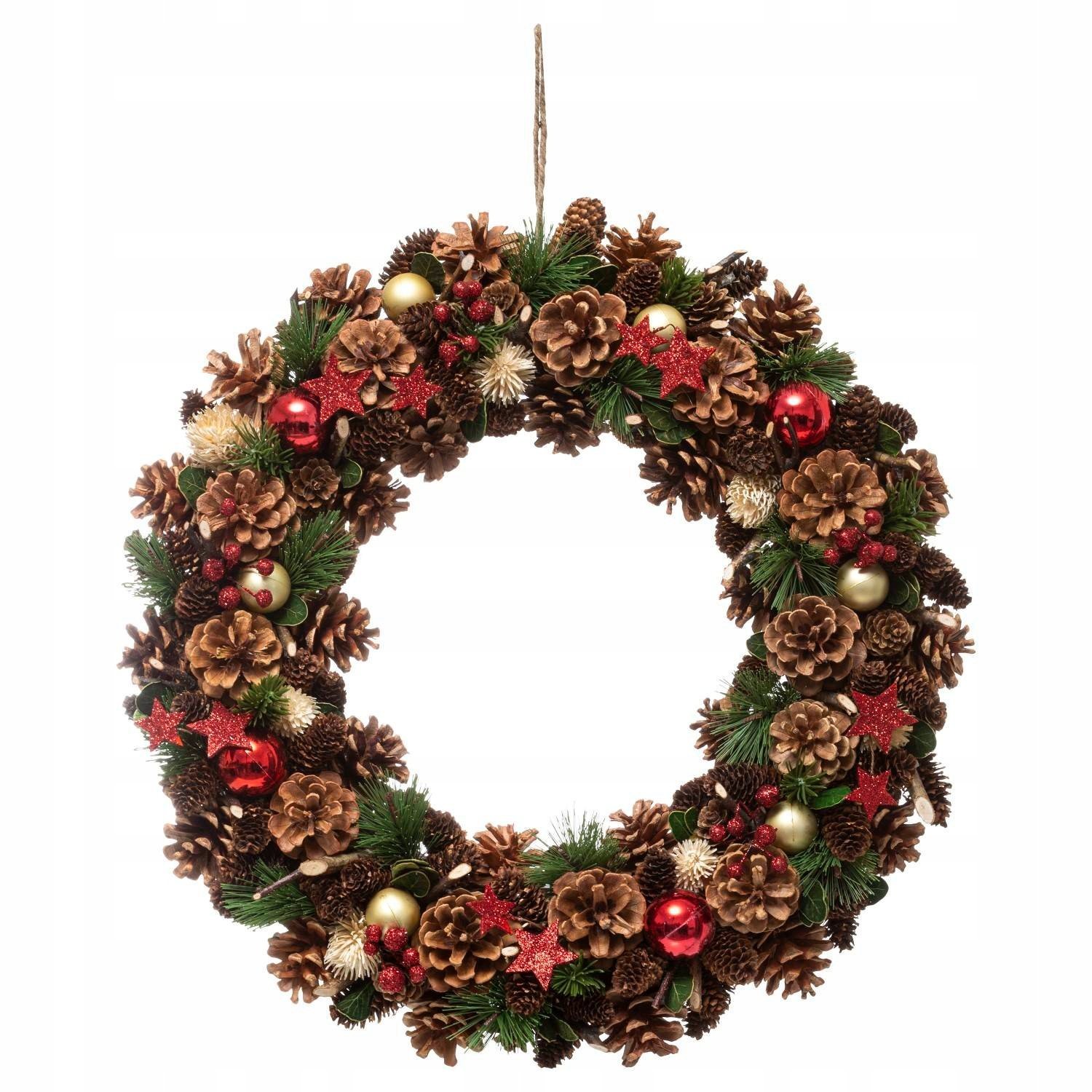 Coronita decorativa cu frunze si conuri, diametru 50 cm, multicolora