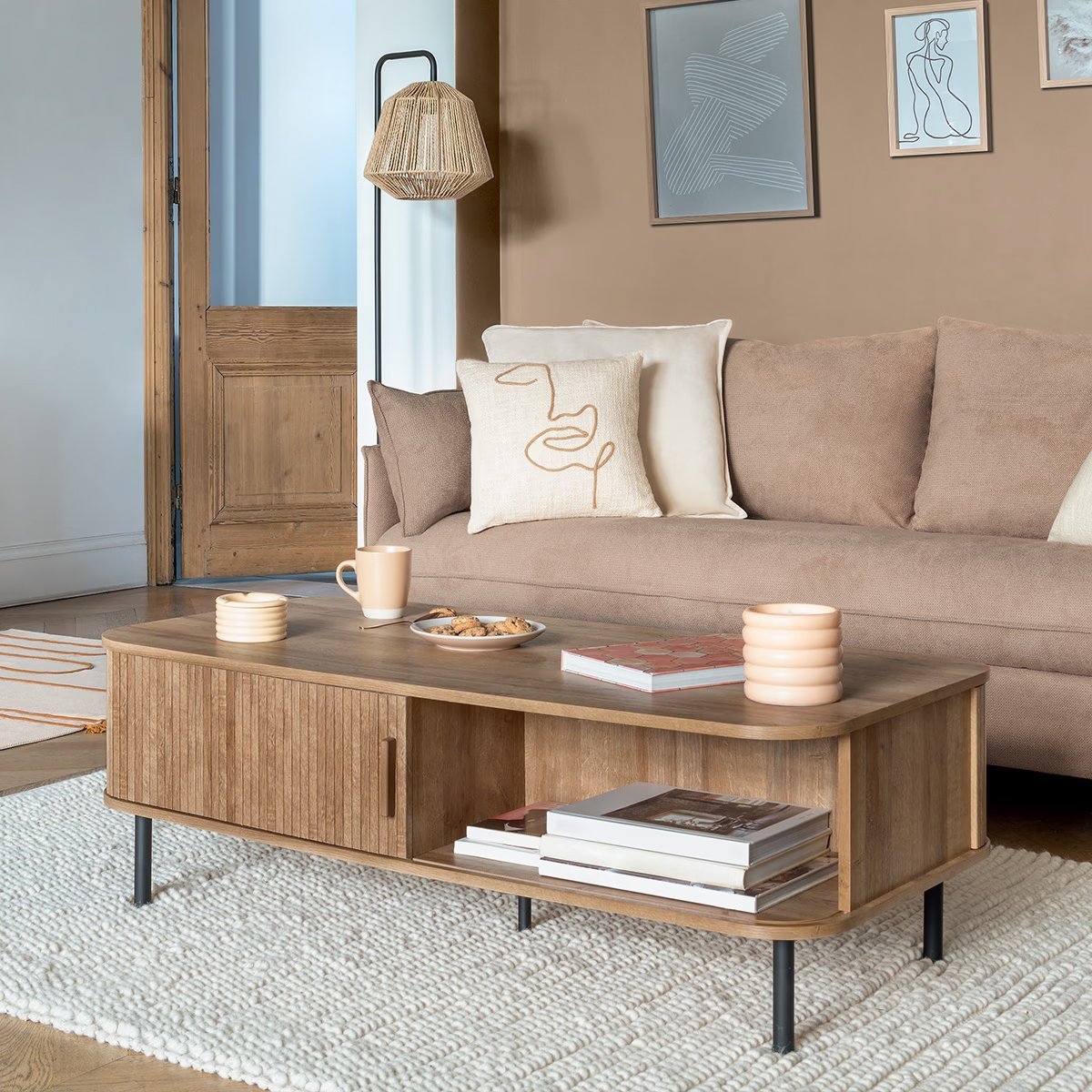 masuta de cafea atmosphera colva cu 2 usi glisante, mdf si otel, 120x60x41 cm, bej 3 Masuta de cafea Atmosphera Colva cu 2 usi glisante, MDF si otel, 120x60x41 cm, bej - imagine 3