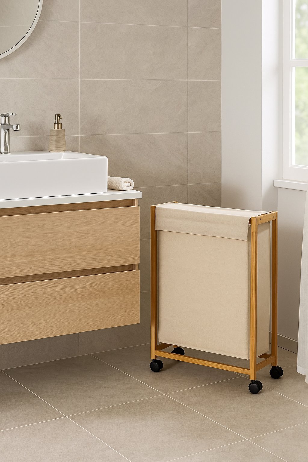cos rufe 5five bambou pe roti, cadru bambus, 52 litri, 55x28x80 cm, bej 4 Cos rufe 5Five Bambou pe roti, cadru bambus, 52 litri, 55x28x80 cm, bej - imagine 4