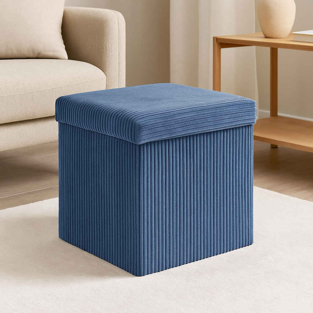 taburet pliabil atmosphera arum din material tip catifea raiat, 38x38x38 cm, albastru inchis 2 Taburet pliabil Atmosphera Arum din material tip catifea raiat, 38x38x38 cm, albastru inchis - imagine 2
