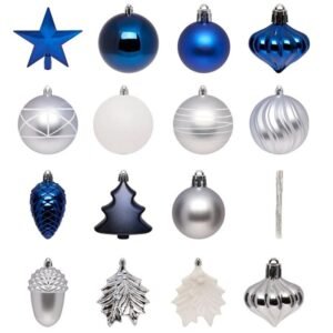 Set decoratiuni pentru brad Quiet Times, 60 piese, alb, albastru, argintiu