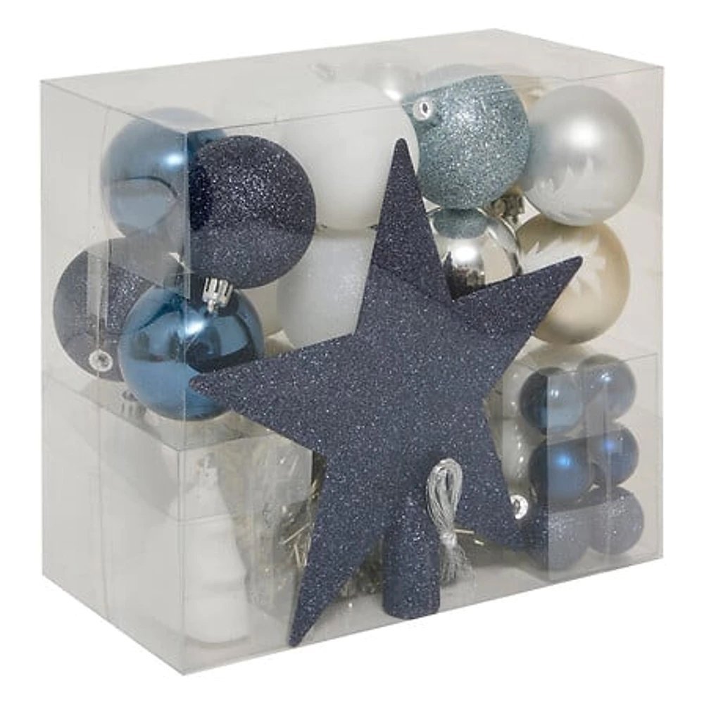 Set decoratiuni Craciun, 44 piese, cu globuri, ghirlanda si varf de brad, albastru si alb 1 Set decoratiuni Craciun, 44 piese, cu globuri, ghirlanda si varf de brad, albastru si alb