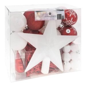 Set decoratiuni Craciun, 44 piese, cu globuri, ghirlanda si varf de brad, rosu si alb