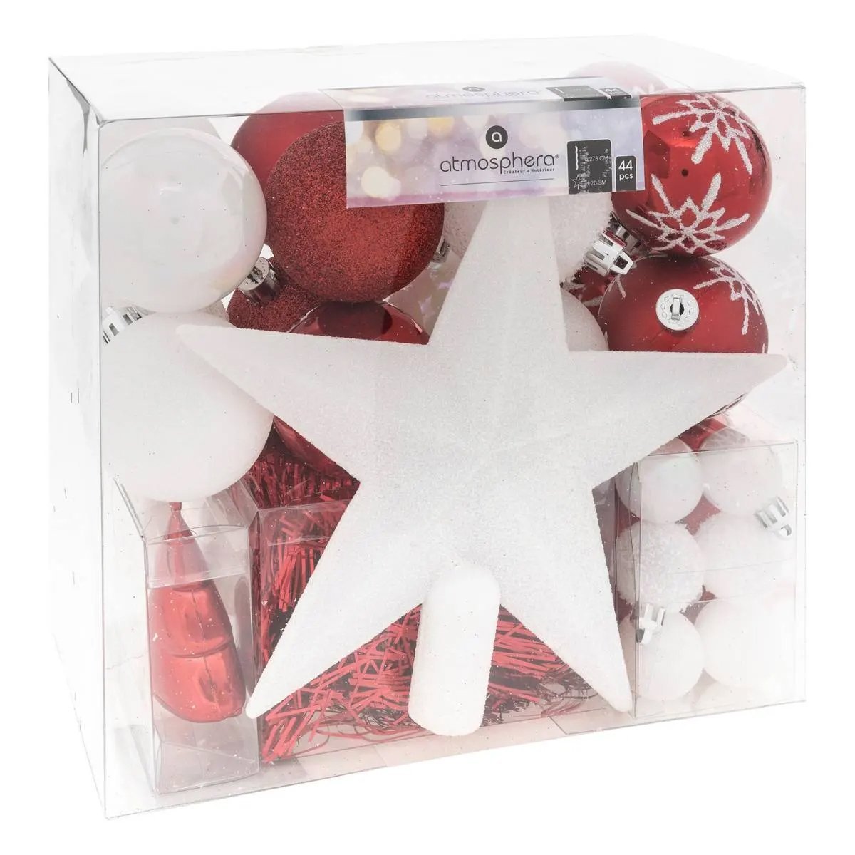 Set decoratiuni Craciun, 44 piese, cu globuri, ghirlanda si varf de brad, rosu si alb 1 Set decoratiuni Craciun, 44 piese, cu globuri, ghirlanda si varf de brad, rosu si alb