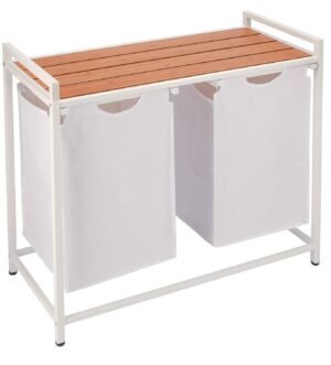 (DL) Cos de rufe cu cadru metalic si blat din lemn, 2 x 46 litri, 72x73x33cm, alb