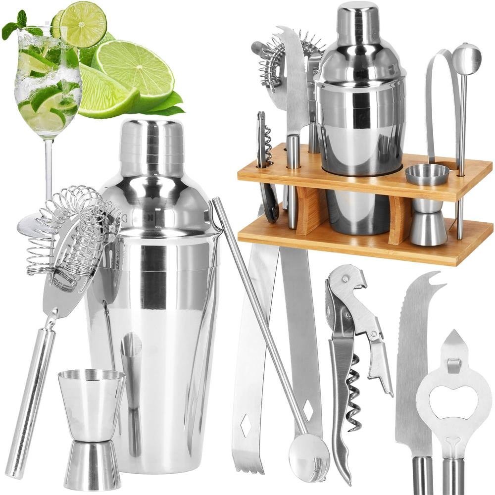 Set Cocktail Shaker Kit pentru barmani 550ml, KI22, suport bambus, 9 piese 3 Set Cocktail Shaker Kit pentru barmani 550ml, KI22, suport bambus, 9 piese - imagine 3