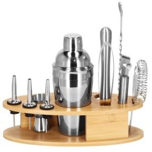 Set Cocktail Shaker Kit pentru barmani 550ml, KI24, suport bambus, 11 piese
