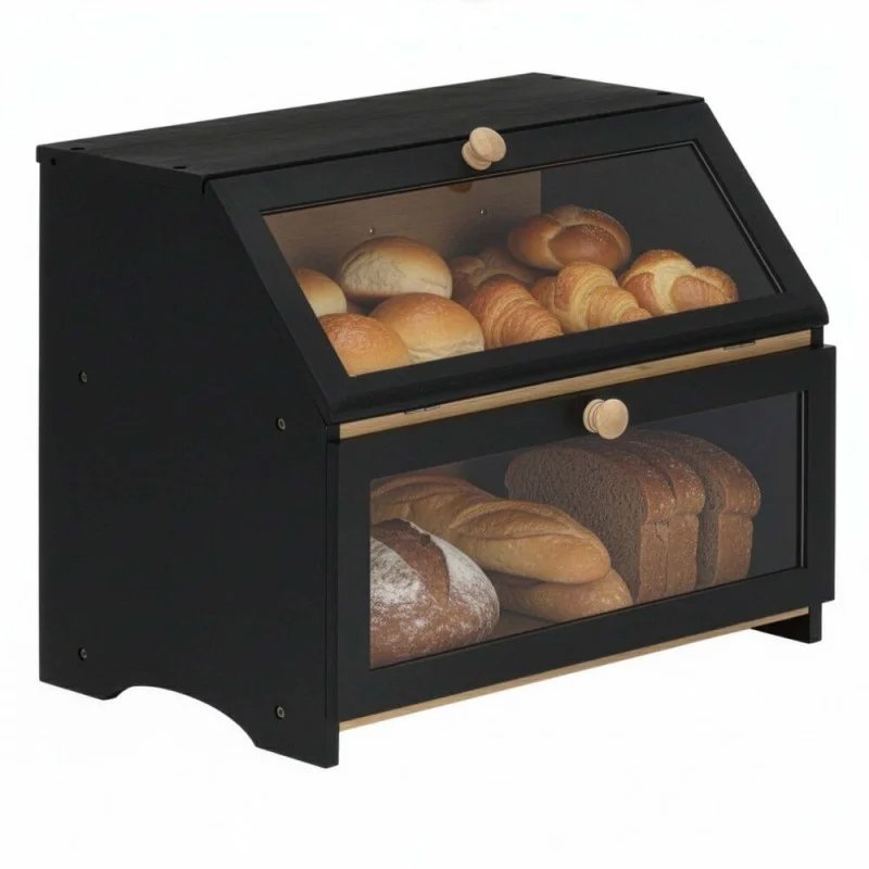 Cutie pentru paine cu 2 niveluri din bambus, cu ferestre transparente si inchidere magnetica, 39x25x32 cm, negru
