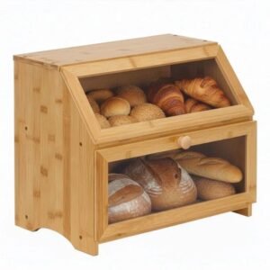 Cutie pentru paine cu 2 niveluri din bambus, cu ferestre transparente si inchidere magnetica, 39x25x32 cm, natur