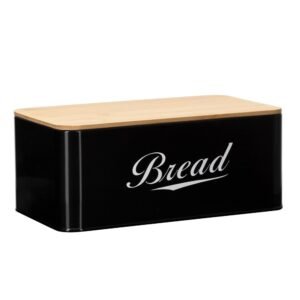 Cutie pentru paine din metal cu capac din bambus, finisaj lucios, 33x18x14 cm, negru