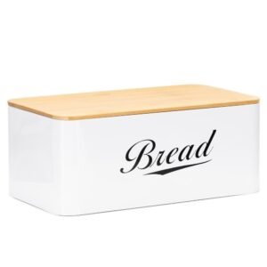 Cutie pentru paine din metal cu capac din bambus, finisaj lucios, 33x18x14 cm, alb