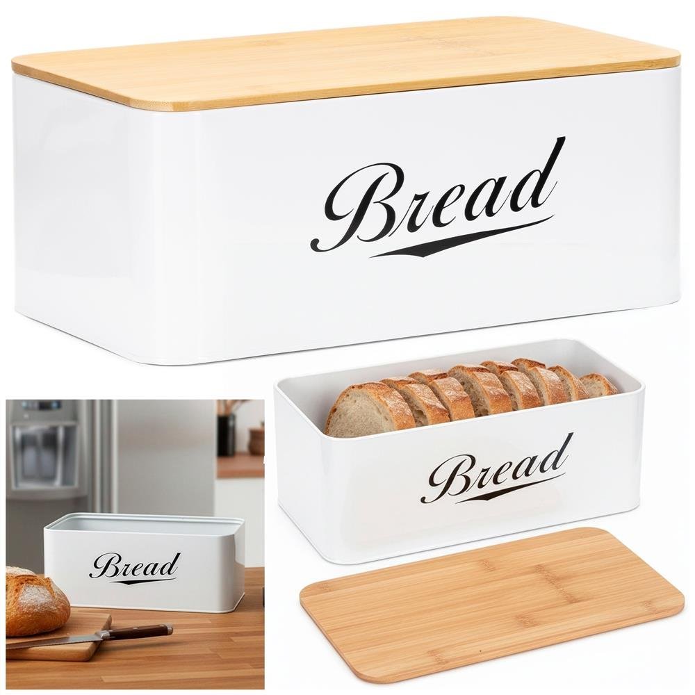 Cutie pentru paine din metal cu capac din bambus, finisaj lucios, 33x18x14 cm, alb 2 Cutie pentru paine din metal cu capac din bambus, finisaj lucios, 33x18x14 cm, alb - imagine 2
