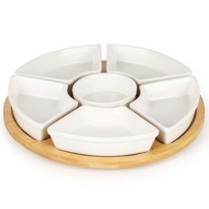 Set servire rotativ cu platou din bambus si 6 boluri din portelan, 30 cm, maro natur si alb