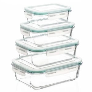 Set 4 recipiente din sticla termorezistenta, cu capac etans, BPA free, 350ml / 600ml / 1000ml / 1450ml , transparent