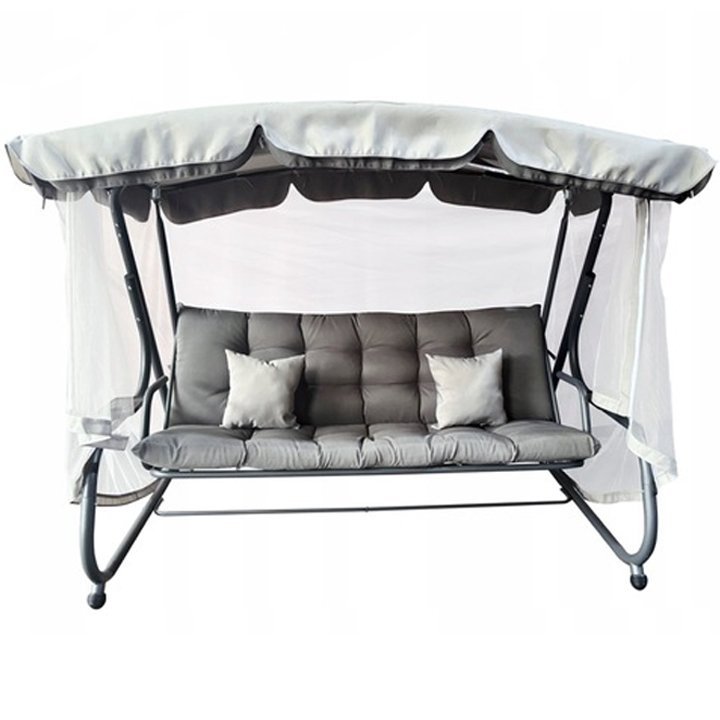 Balansoar leagan pat, 3 persoane, cu plasa tantari si perne, 350 kg, 220x130x175 cm, gri