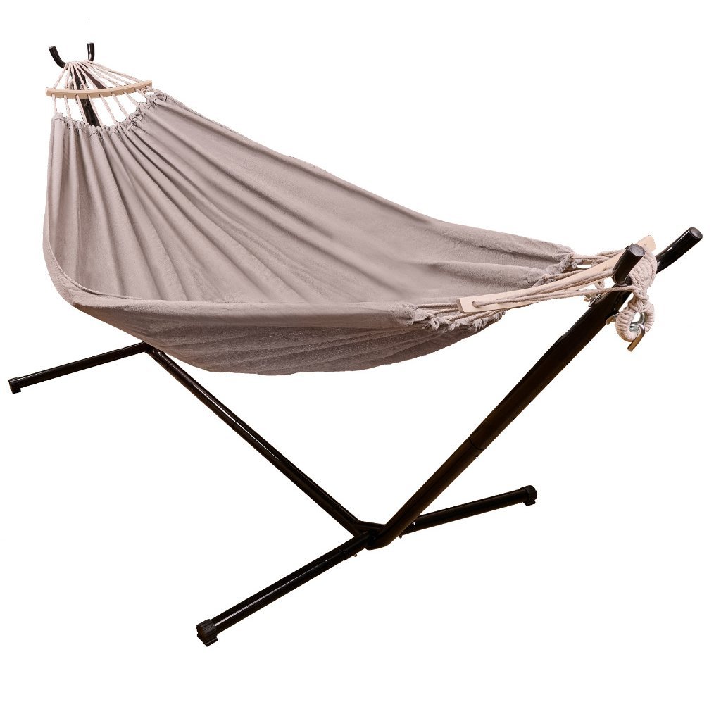 Hamac cu suport metalic, material textil 210×153 cm, cadru 247x133x104 cm, negru si gri