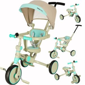 Tricicleta copii 6in1, 70x31x89 cm, cu ghidon reglabil, sezut cu spatar si copertina, cadru metalic, albastru-gri