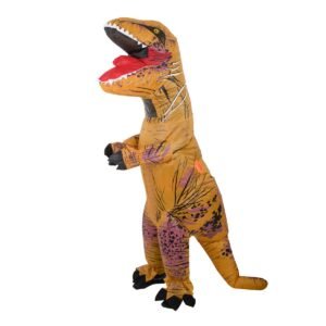 Costum dinozaur T-Rex gonflabil, cu ventilator si fermoar frontal, marime universala 150–190 cm, maro