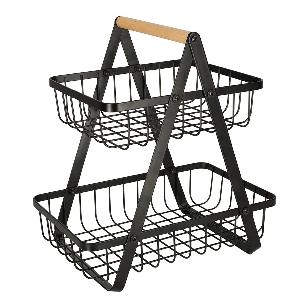 cos de fructe cu doua etaje, pliabil, lemn + metal, culoare neagra 3 Cos de fructe cu doua etaje, pliabil, lemn + metal, culoare neagra - imagine 3