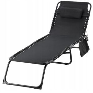 Sezlong pliabil 190x58x30 cm, cu spatar reglabil, perna si buzunar lateral, cadru metalic, negru