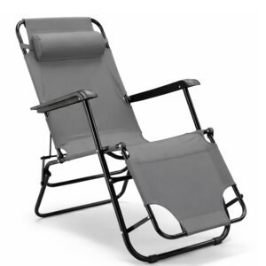 Sezlong pliabil cu pozitie orizontala, tetiera reglabila, cadru metalic, 153x60x88 cm, gri