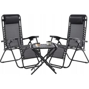 Set 2 sezlonguri pliabile 90x65x110 cm cu masuta 50x50x50 cm, textilene si cadru metalic, negru