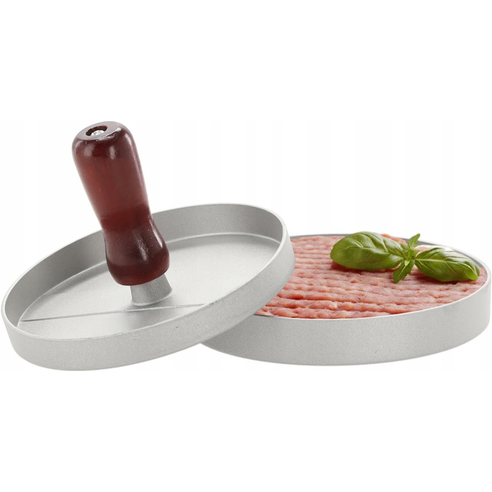 Presa pentru burgeri din aluminiu cu maner din lemn, 12x7 cm, gri 4 Presa pentru burgeri din aluminiu cu maner din lemn, 12x7 cm, gri - imagine 4