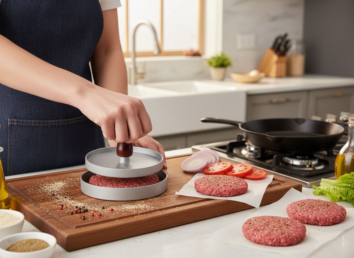 Presa pentru burgeri din aluminiu cu maner din lemn, 12x7 cm, gri 6 Presa pentru burgeri din aluminiu cu maner din lemn, 12x7 cm, gri - imagine 6