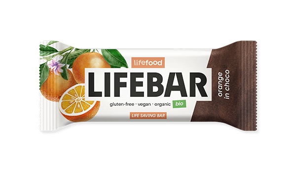Lifebar baton cu portocale in ciocolata, raw, bio, 40g