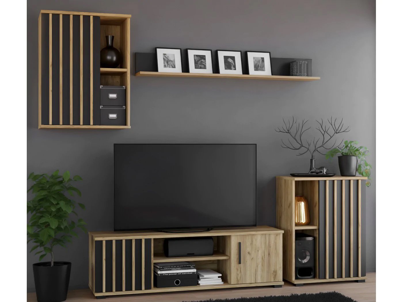 dulap suspendat 60x37x80 cm cu 1 usa si rafturi, stil loft, finisaj craft/negru 3 Dulap suspendat 60x37x80 cm cu 1 usa si rafturi, stil loft, finisaj craft/negru - imagine 3