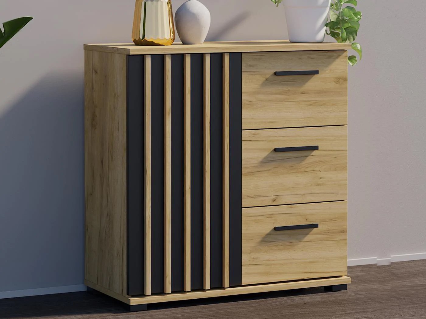 comoda montana 80 cu 3 sertare si 1 usa, 81x37x80 cm, negru si stejar craft 2 Comoda Montana 80 cu 3 sertare si 1 usa, 81x37x80 cm, negru si stejar craft - imagine 2
