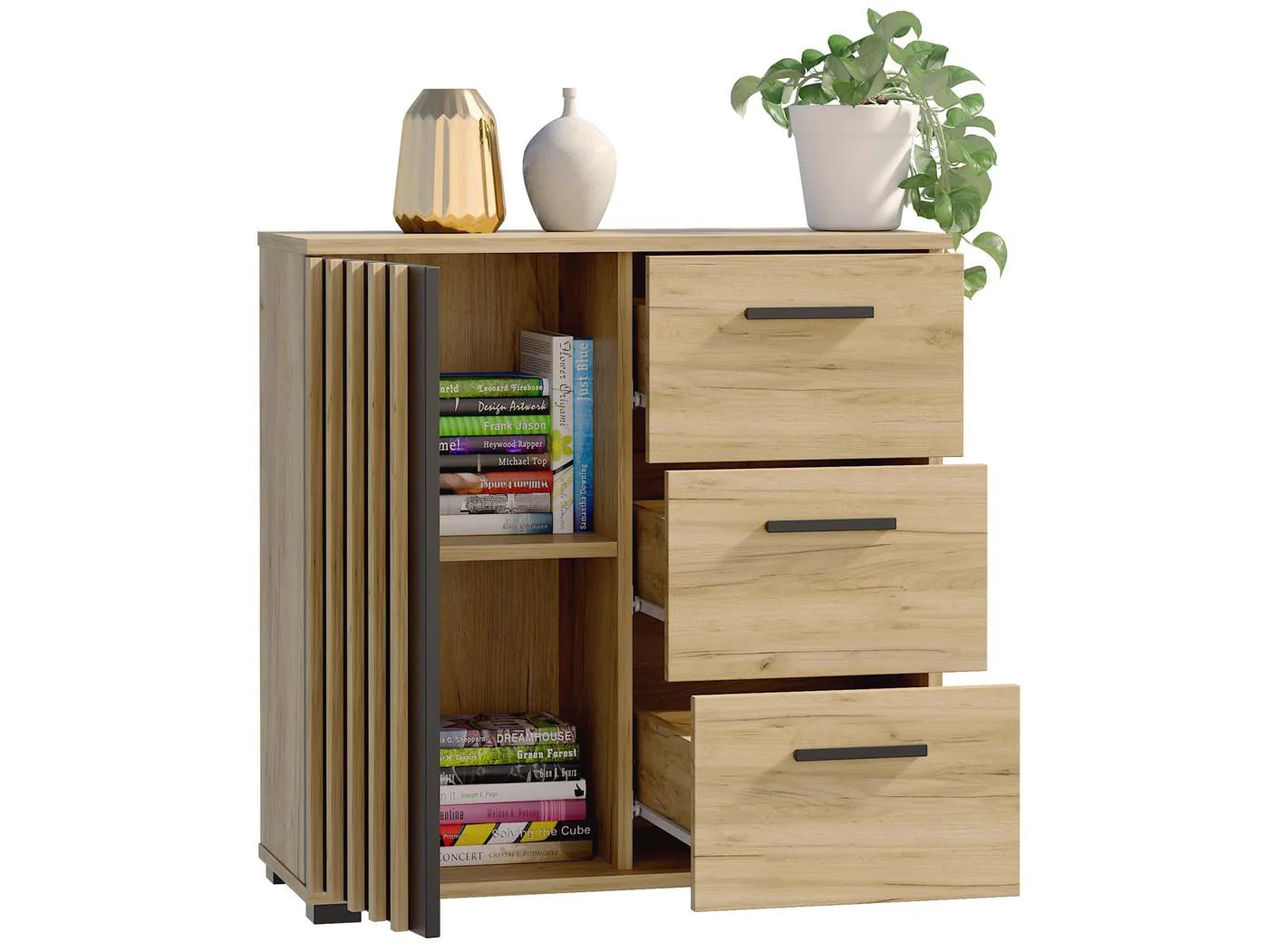 comoda montana 80 cu 3 sertare si 1 usa, 81x37x80 cm, negru si stejar craft 3 Comoda Montana 80 cu 3 sertare si 1 usa, 81x37x80 cm, negru si stejar craft - imagine 3