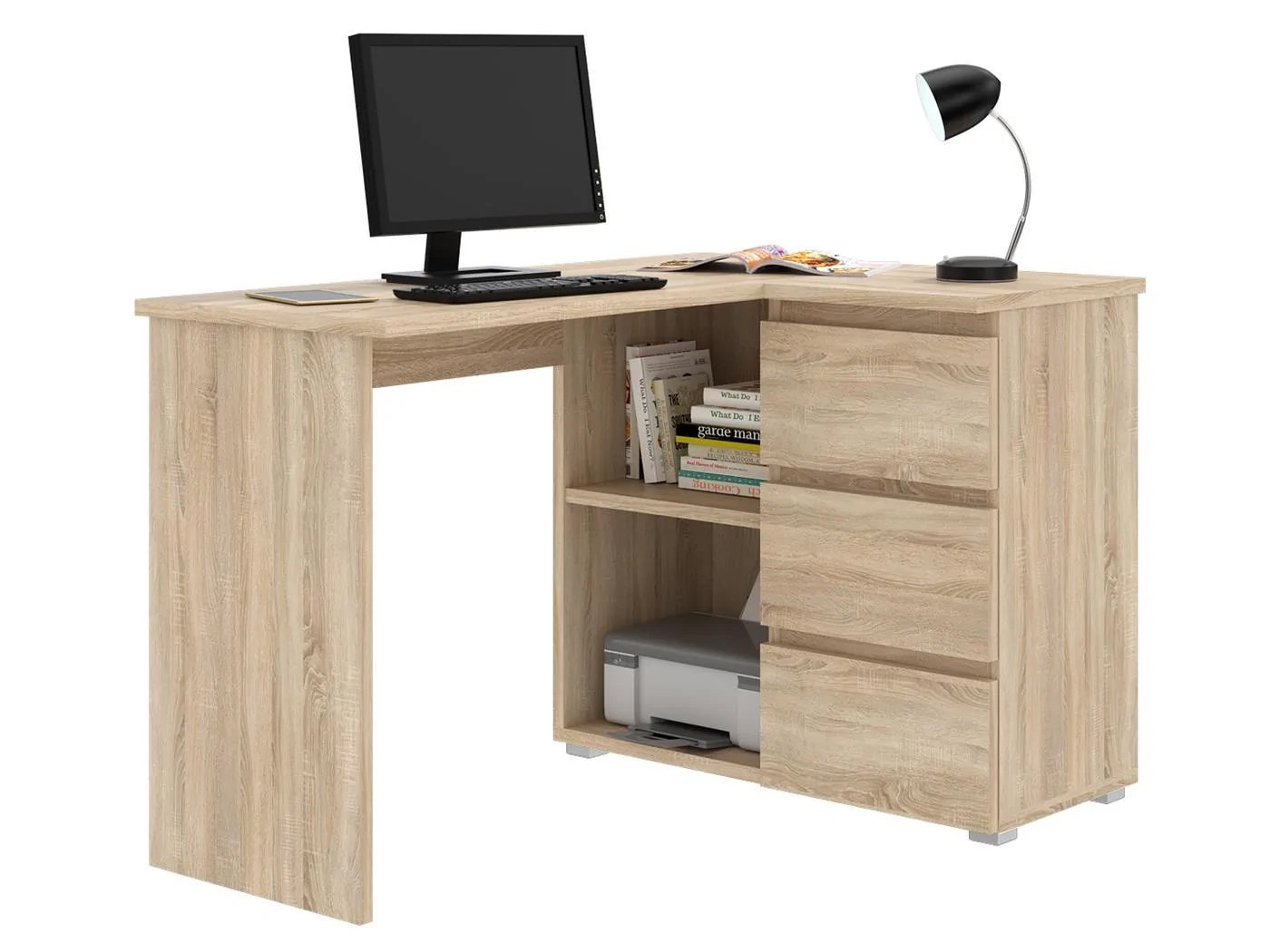 birou colt norge cu 3 sertare si 2 rafturi, 124x89x75 cm, stejar 3 Birou colt Norge cu 3 sertare si 2 rafturi, 124x89x75 cm, stejar - imagine 3