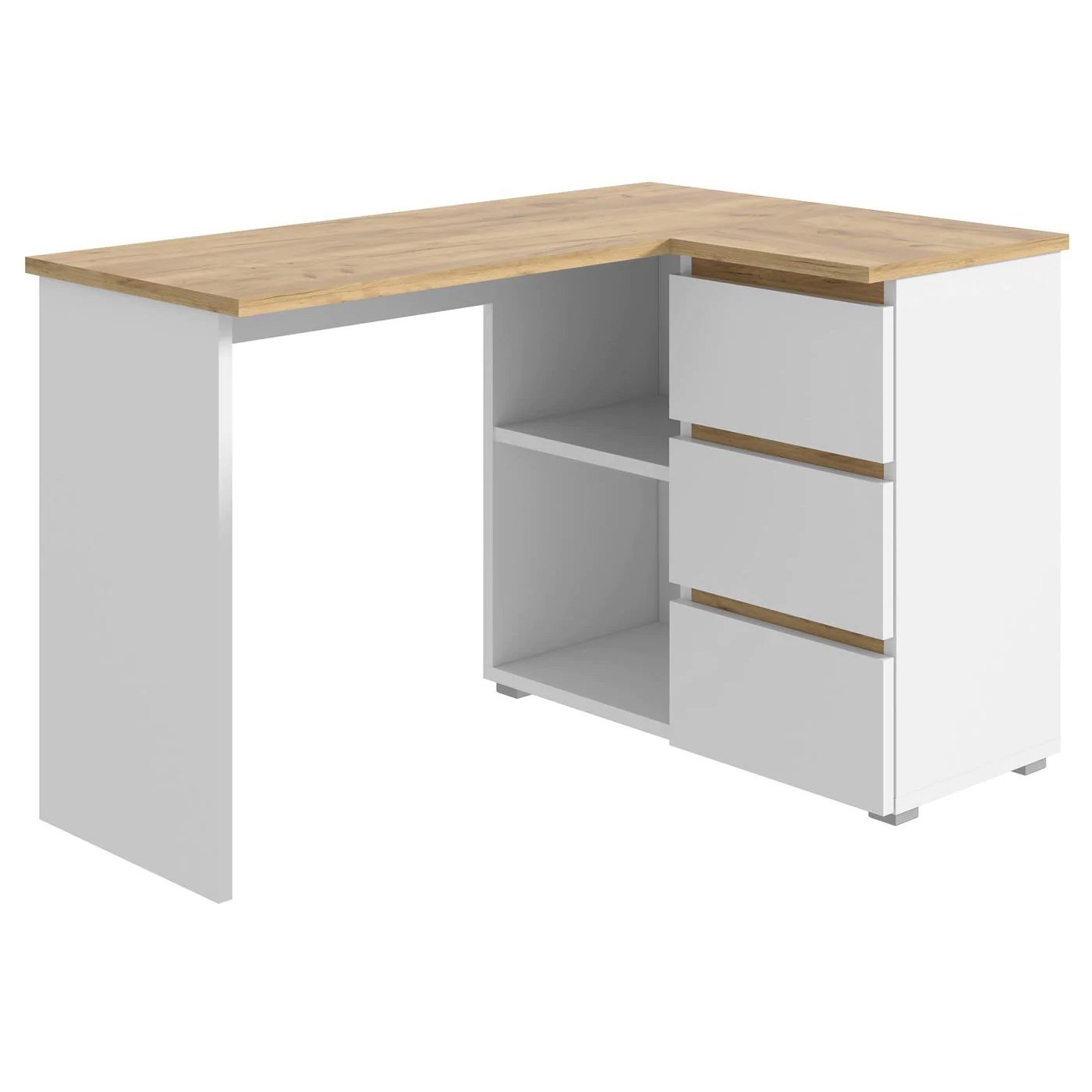 birou colt norge cu 3 sertare si 2 rafturi, 124x89x75 cm, alb si stejar 1 Birou colt Norge cu 3 sertare si 2 rafturi, 124x89x75 cm, alb si stejar