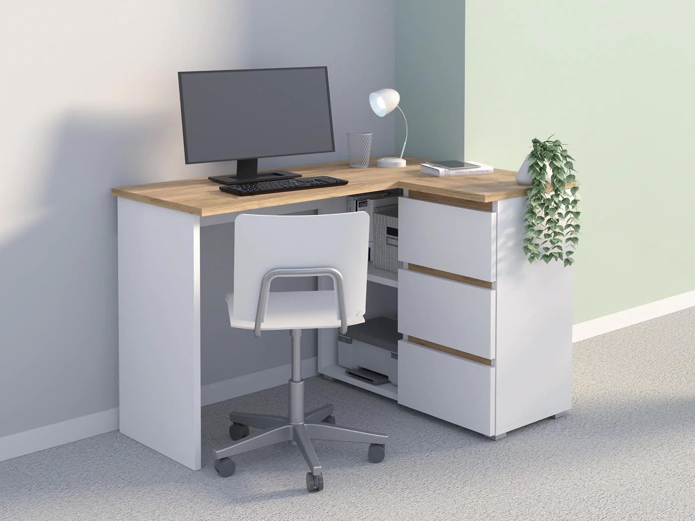 birou colt norge cu 3 sertare si 2 rafturi, 124x89x75 cm, alb si stejar 2 Birou colt Norge cu 3 sertare si 2 rafturi, 124x89x75 cm, alb si stejar - imagine 2