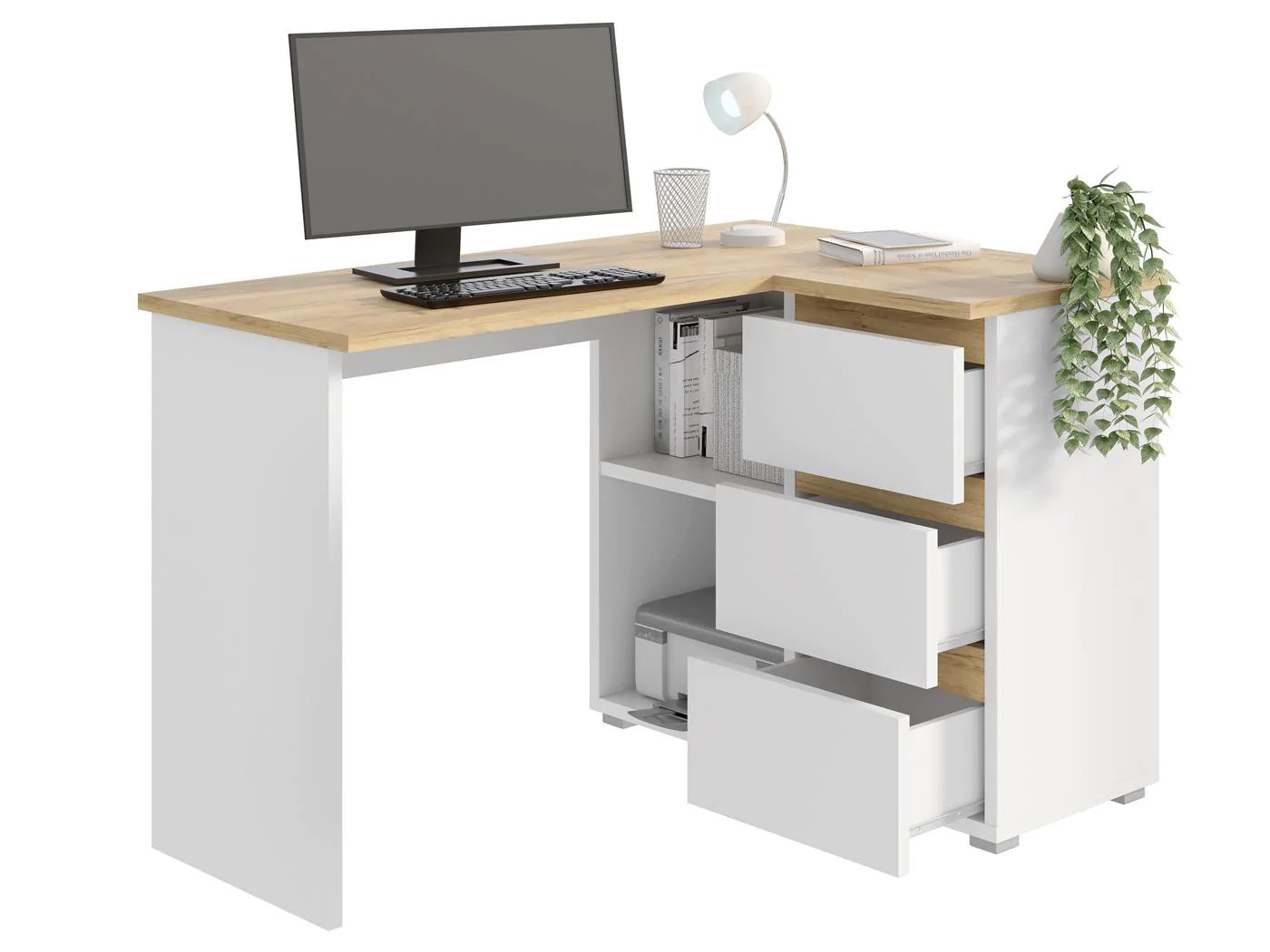 birou colt norge cu 3 sertare si 2 rafturi, 124x89x75 cm, alb si stejar 3 Birou colt Norge cu 3 sertare si 2 rafturi, 124x89x75 cm, alb si stejar - imagine 3